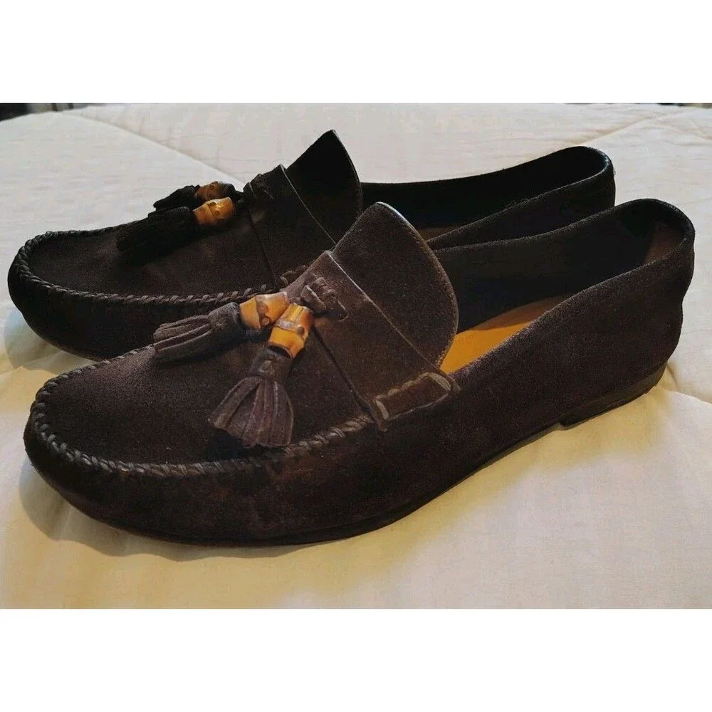 GUCCI Dark Brown Suede Bamboo Tassel Drivers Loafers Mens Size 7.5 D Made in...